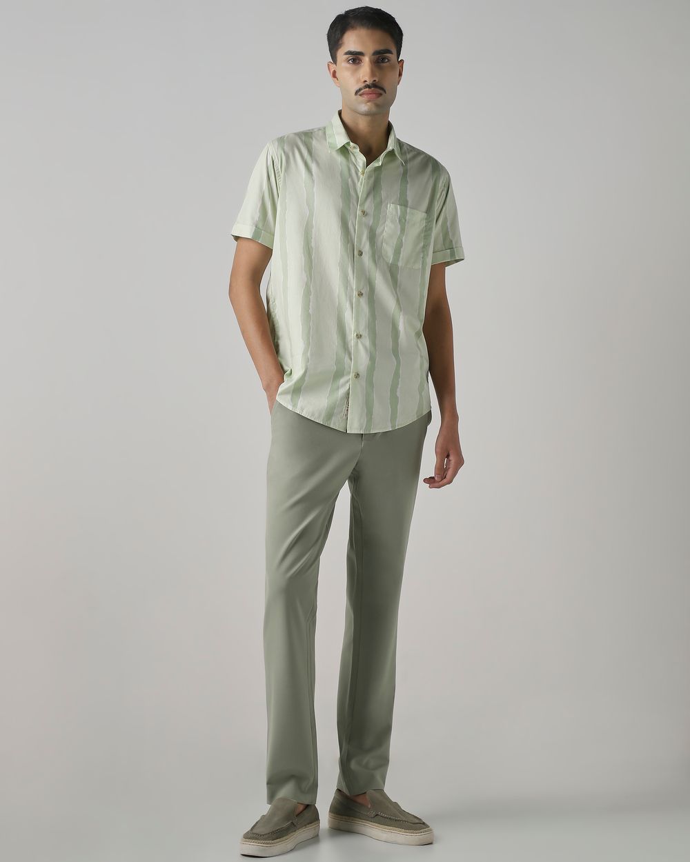 Light Green Painted Stripe Slim Fit Casual Shirt