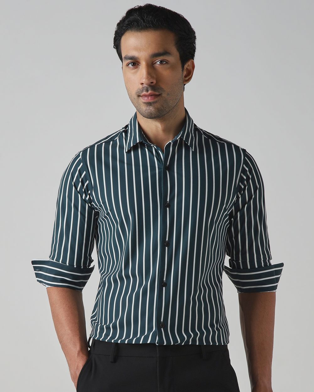 Dark Green Bengal Stripe Stretch Slim Fit Casual Shirt