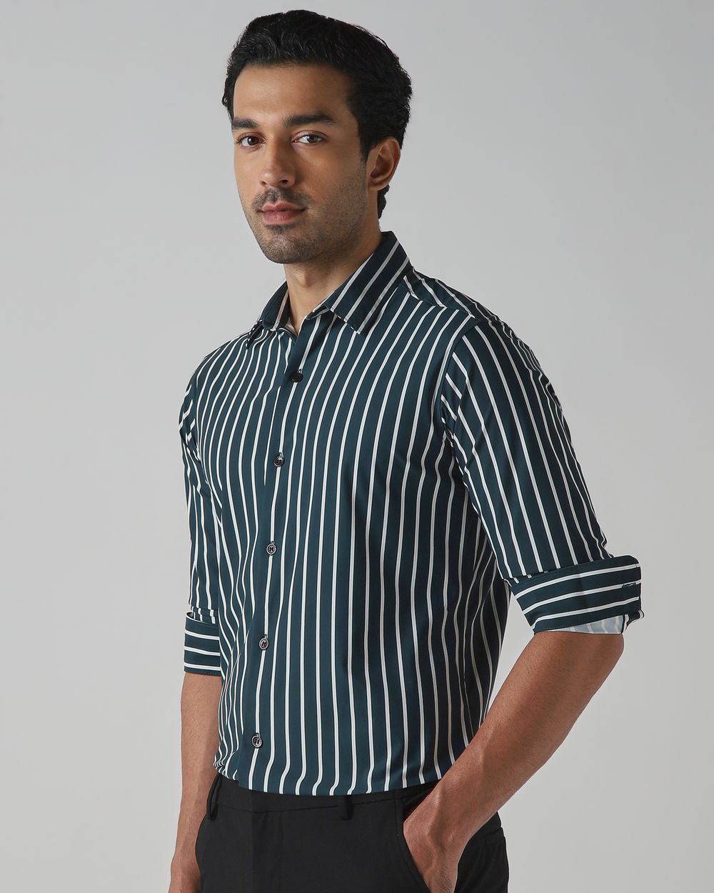 Dark Green Bengal Stripe Stretch Slim Fit Casual Shirt