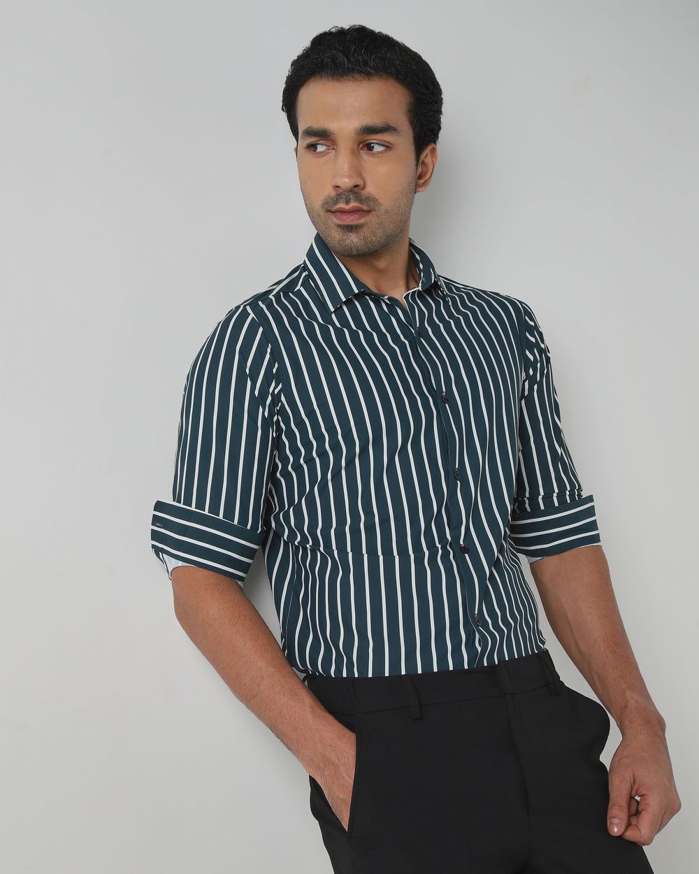 Dark Green Bengal Stripe Stretch Slim Fit Casual Shirt