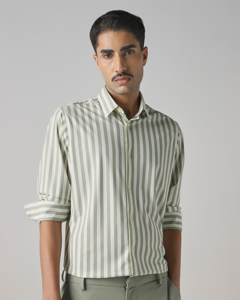 Light Green Candy Stripe Stretch Slim Fit Casual Shirt