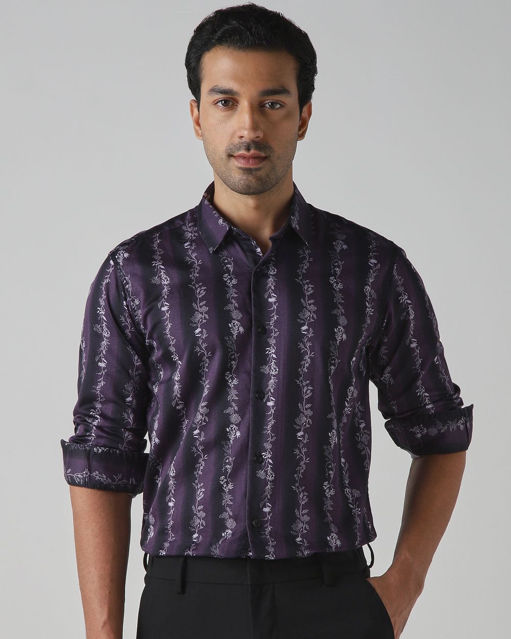 Plum Floral Stripe Slim Fit Casual Shirt