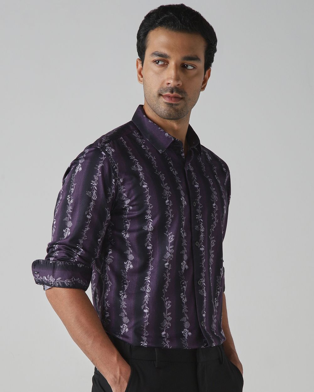Plum Floral Stripe Slim Fit Casual Shirt