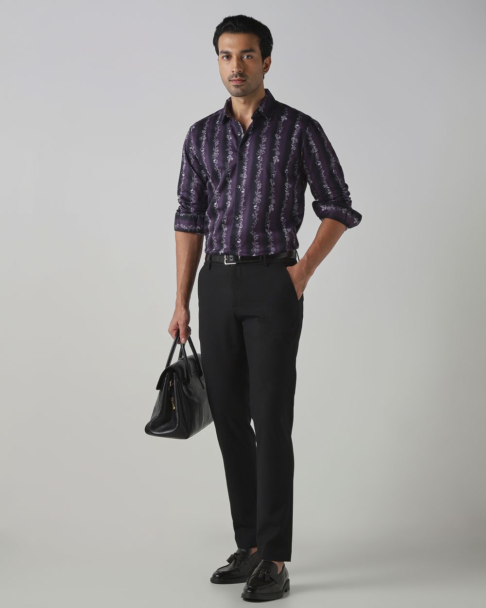 Plum Floral Stripe Slim Fit Casual Shirt