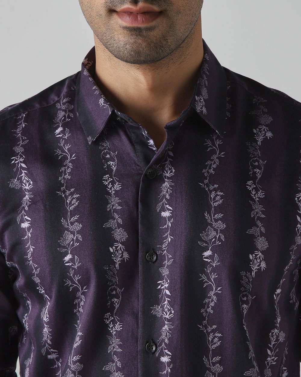 Plum Floral Stripe Slim Fit Casual Shirt