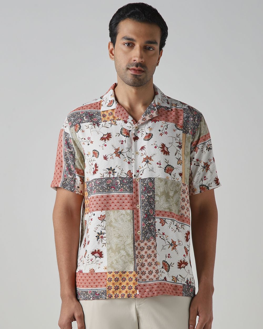 Multicolour Patchwork Print Relaxed Fit Casual Shirt