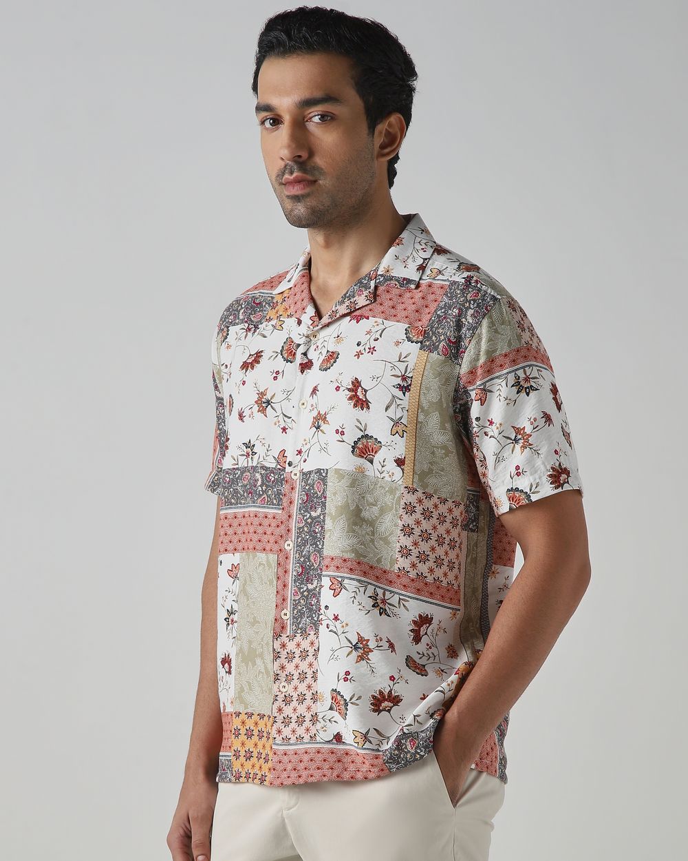 Multicolour Patchwork Print Relaxed Fit Casual Shirt