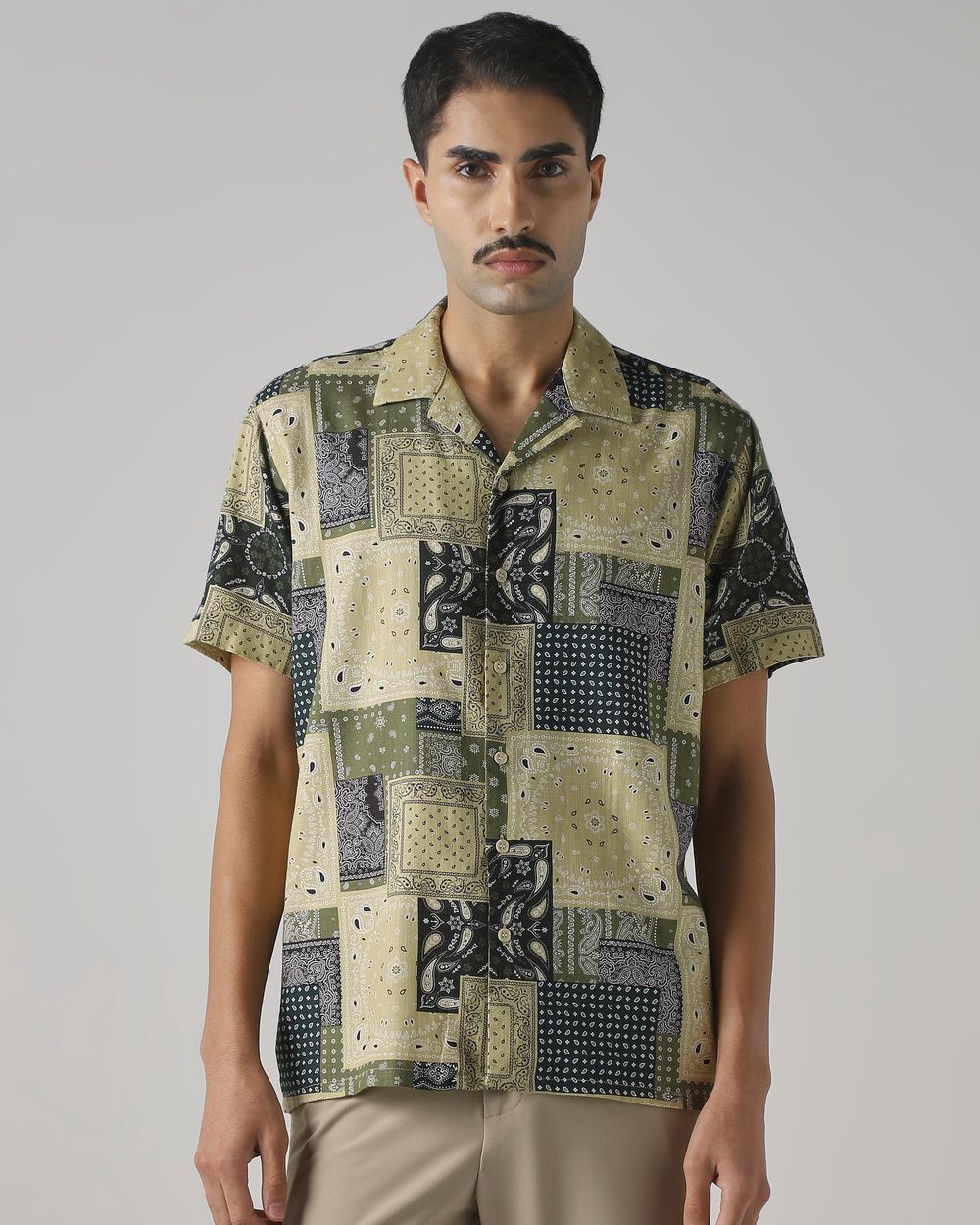 Light Olive Patchwork Print Relaxed Fit Casual Shirt