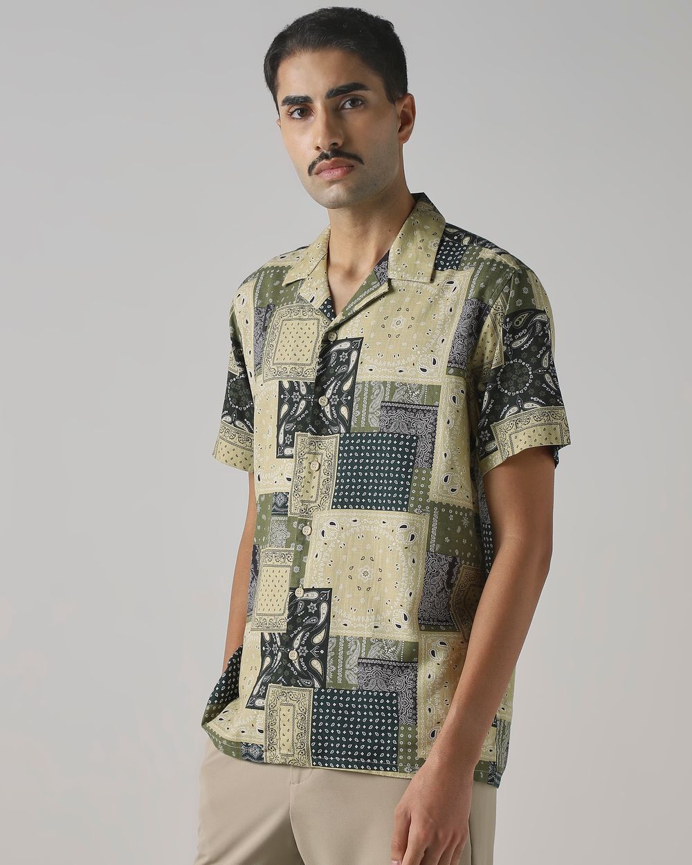 Light Olive Patchwork Print Relaxed Fit Casual Shirt