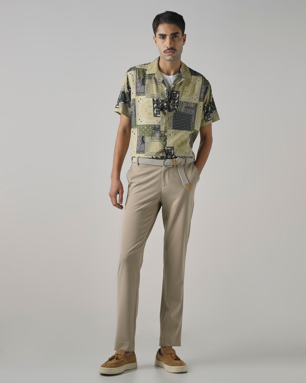 Light Olive Patchwork Print Relaxed Fit Casual Shirt