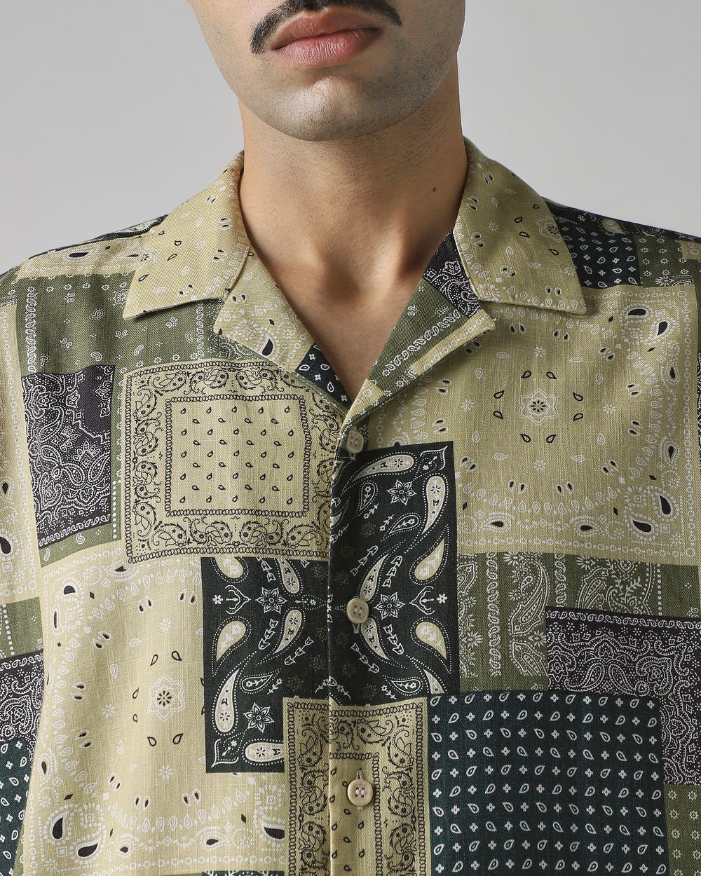 Light Olive Patchwork Print Relaxed Fit Casual Shirt