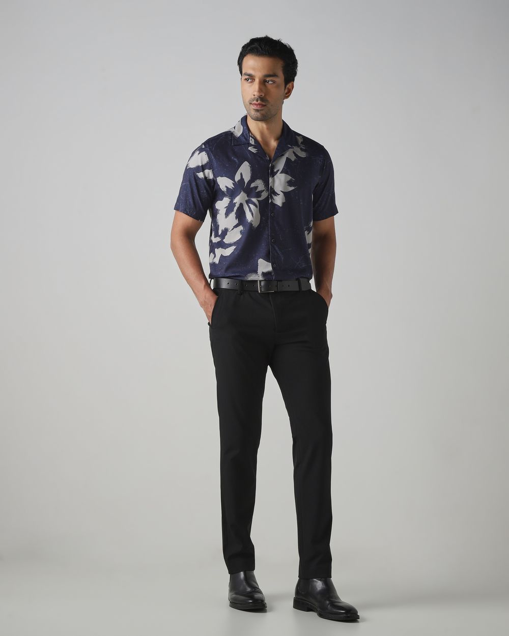 Navy Floral Print Relaxed Fit Casual Shirt