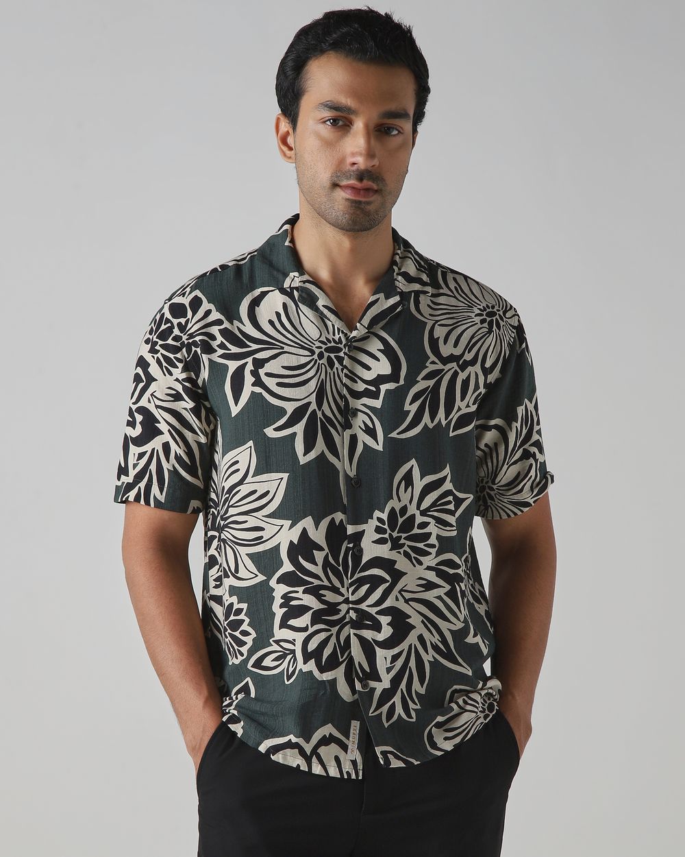 Dark Green Floral Print Relaxed Fit Casual Shirt
