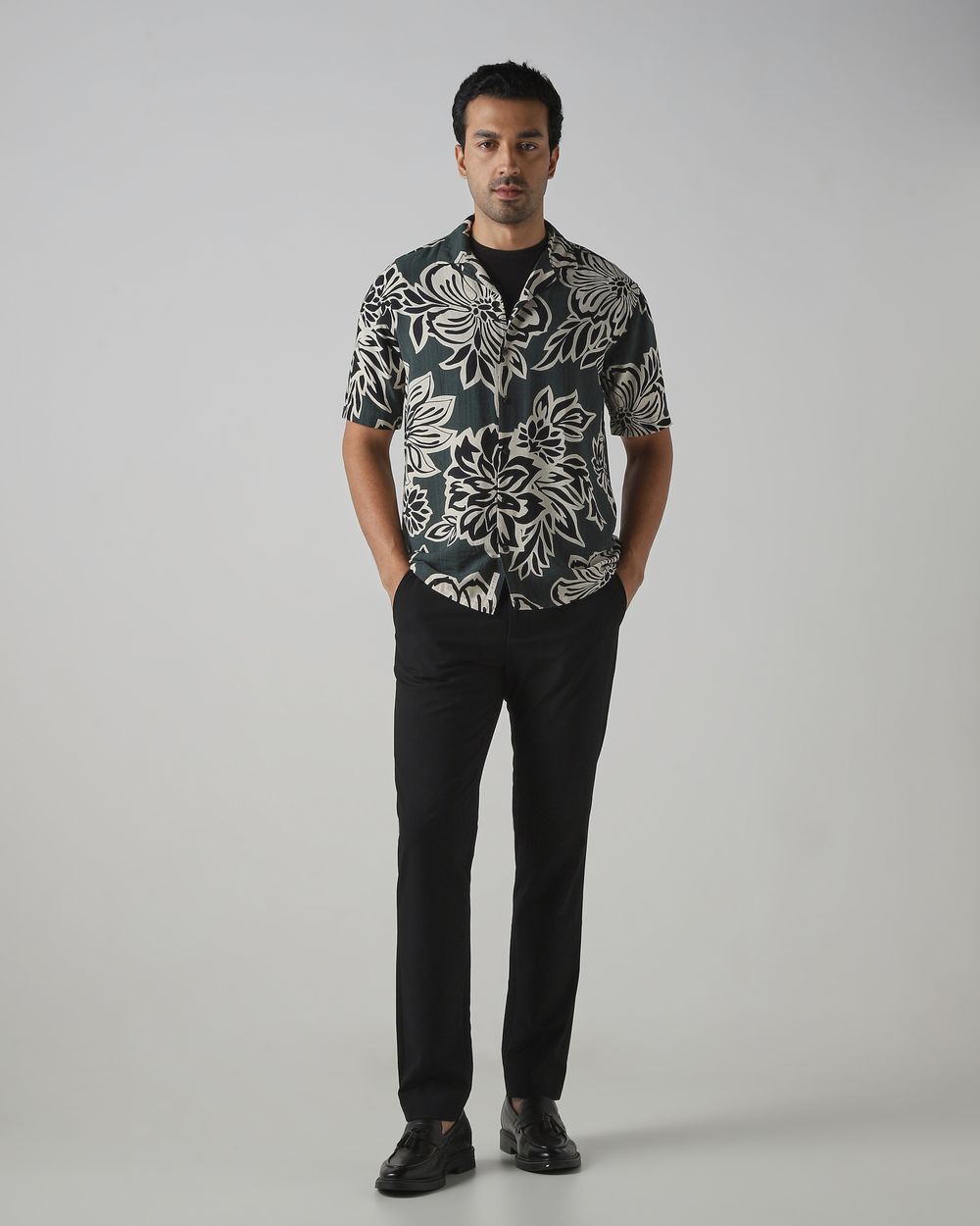 Dark Green Floral Print Relaxed Fit Casual Shirt