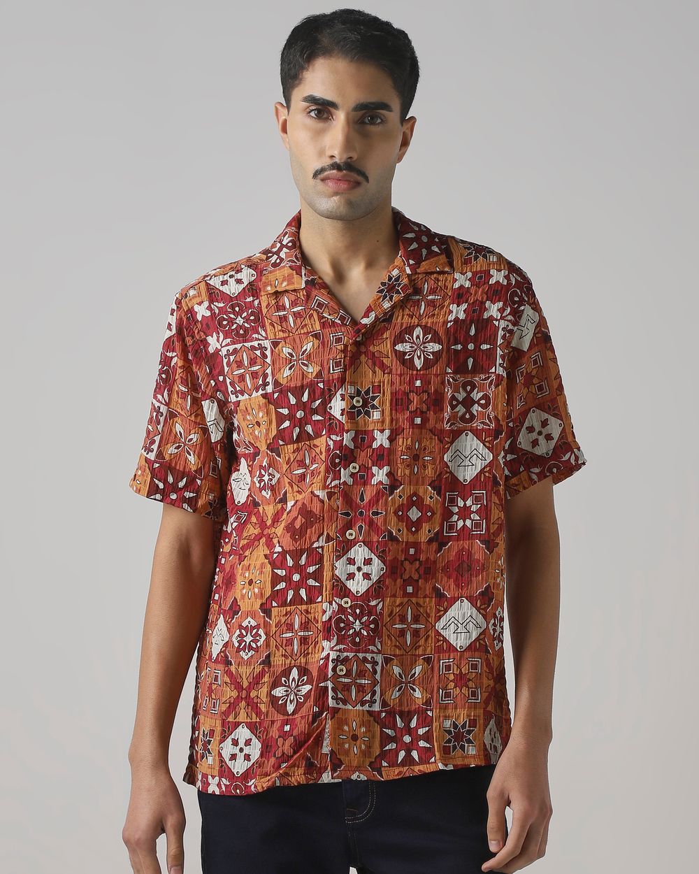 Rust Tile Print Relaxed Fit Casual Shirt