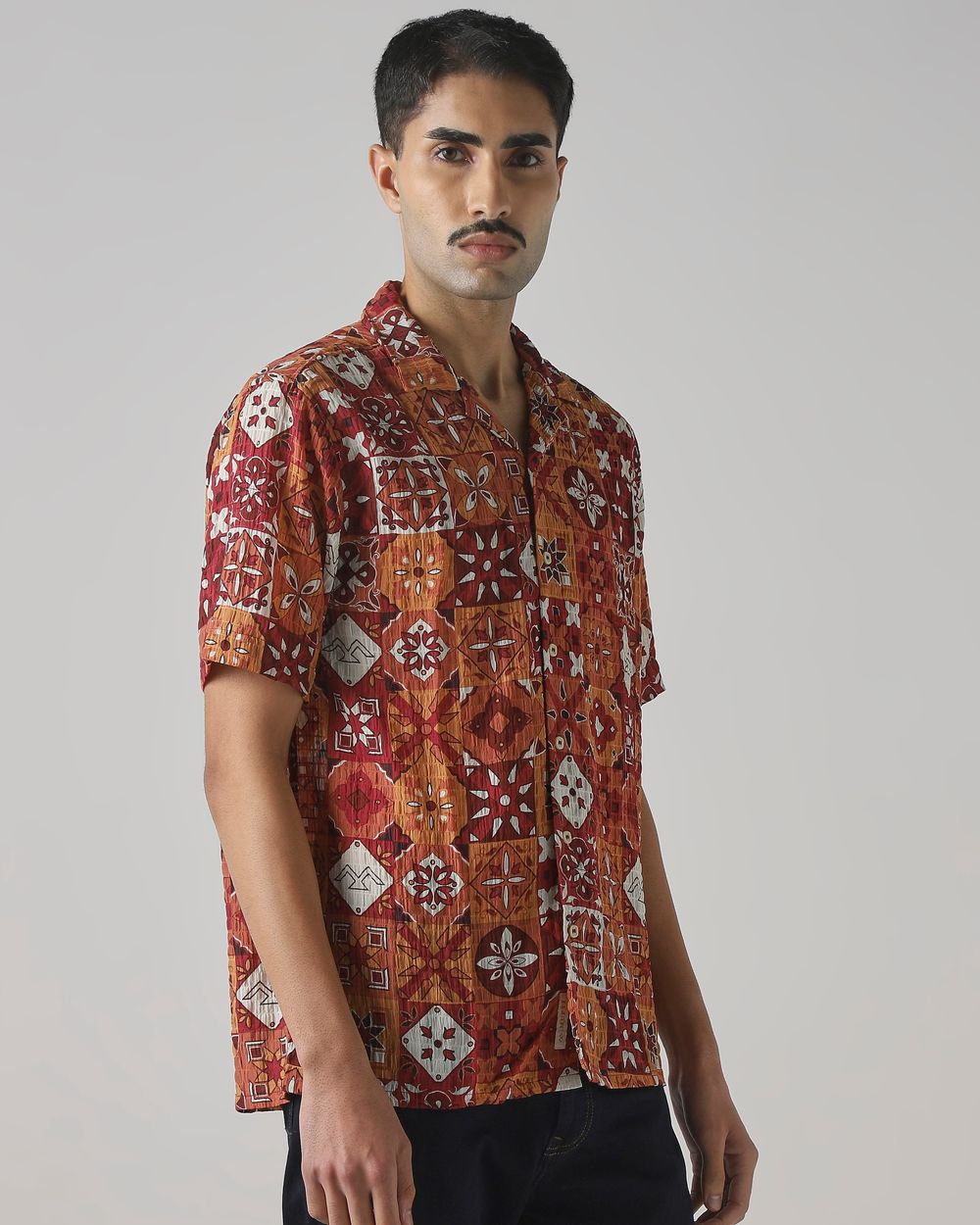 Rust Tile Print Relaxed Fit Casual Shirt