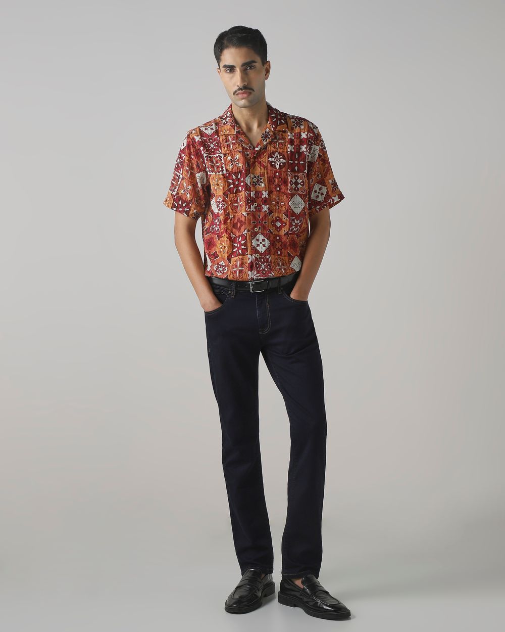 Rust Tile Print Relaxed Fit Casual Shirt