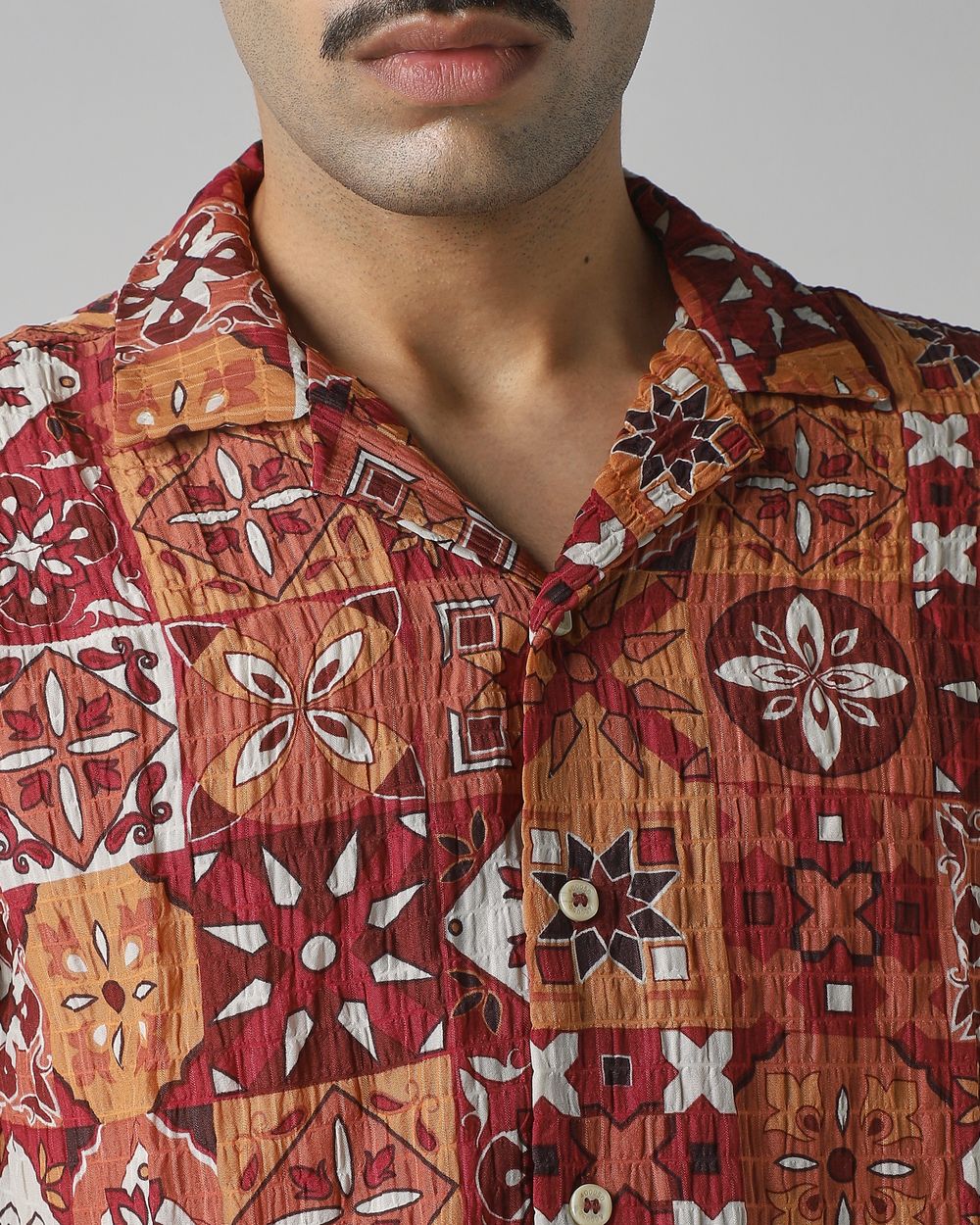 Rust Tile Print Relaxed Fit Casual Shirt