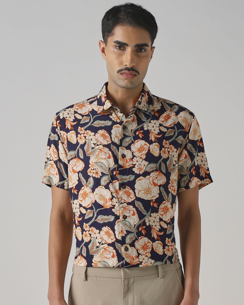 Navy Floral Print Slim Fit Casual Shirt
