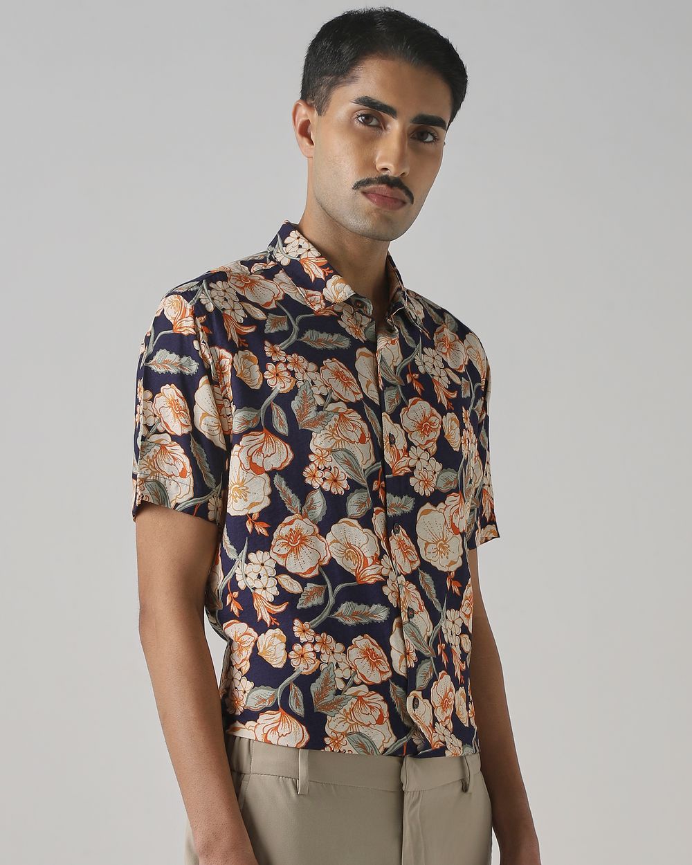 Navy Floral Print Slim Fit Casual Shirt