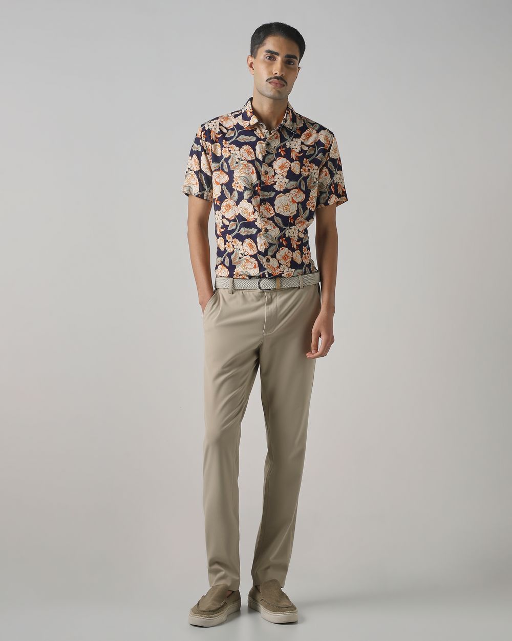 Navy Floral Print Slim Fit Casual Shirt