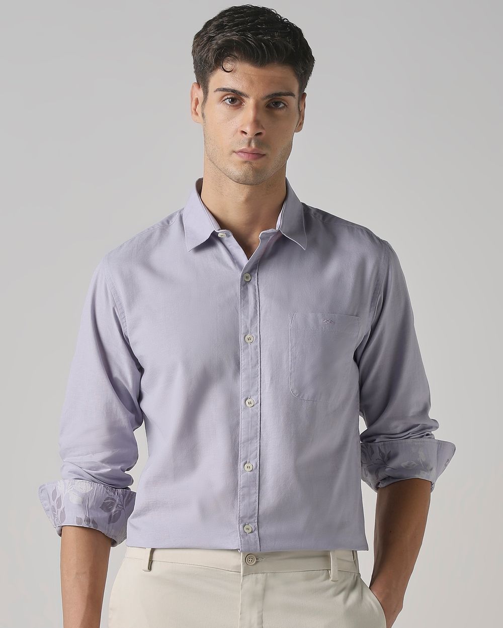 Lilac Cotton Linen Plain Slim Fit Casual Shirt