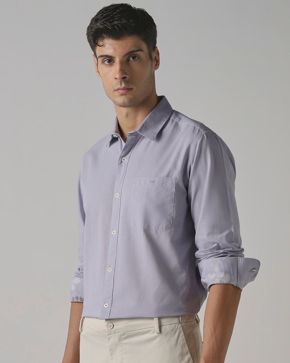 Lilac Cotton Linen Plain Slim Fit Casual Shirt