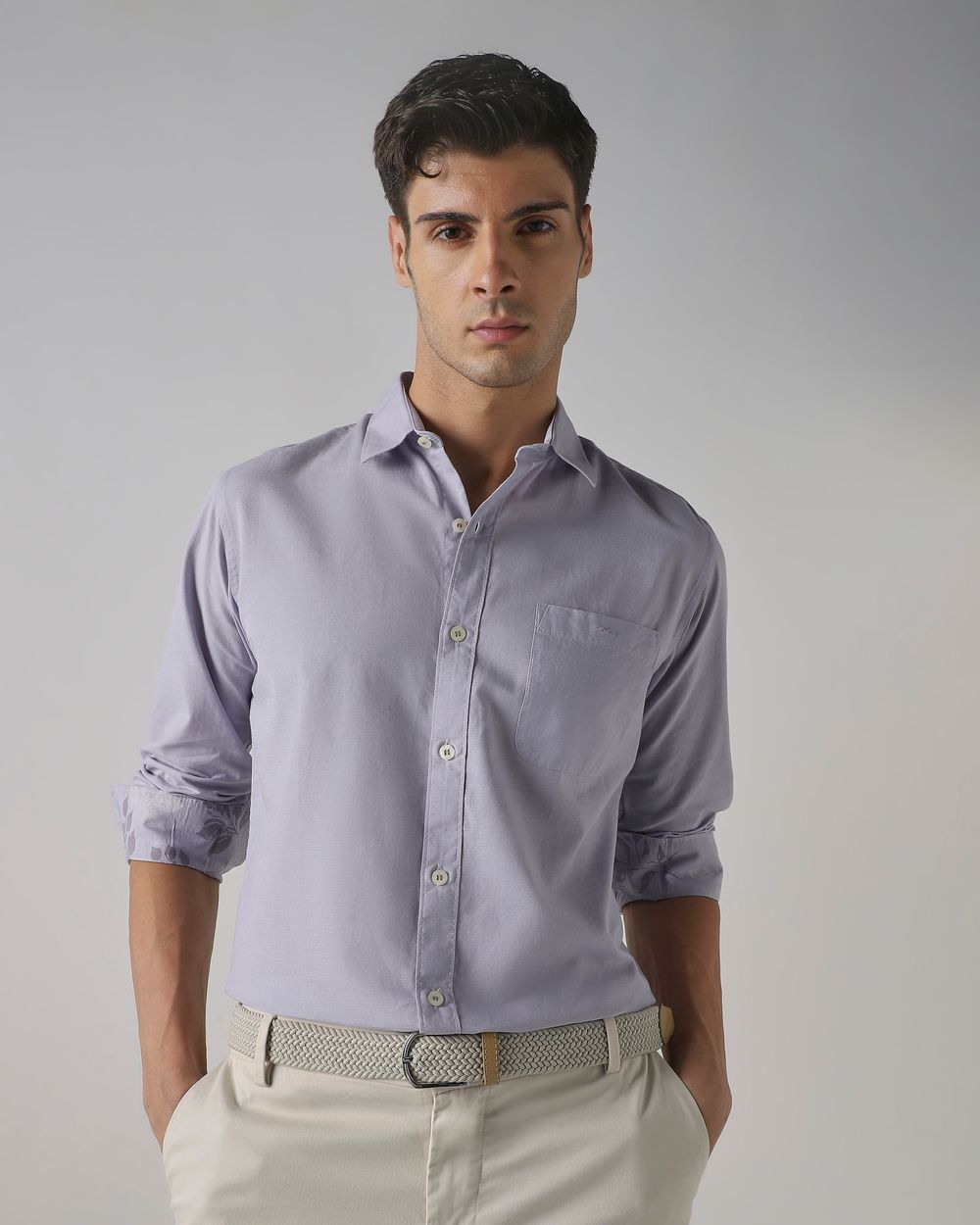Lilac Cotton Linen Plain Slim Fit Casual Shirt