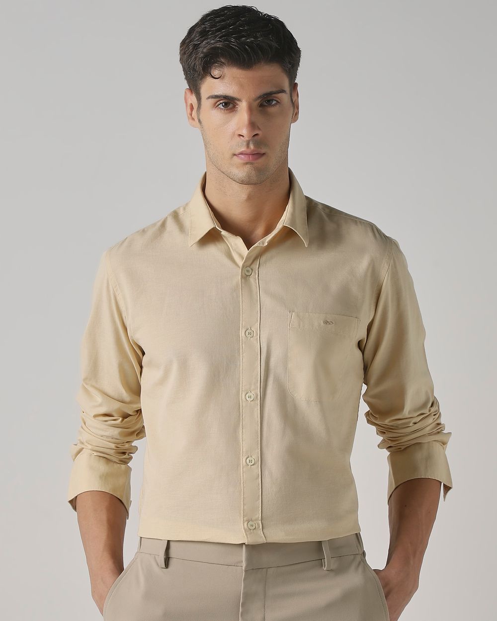 Beige Cotton Linen Plain Slim Fit Casual Shirt