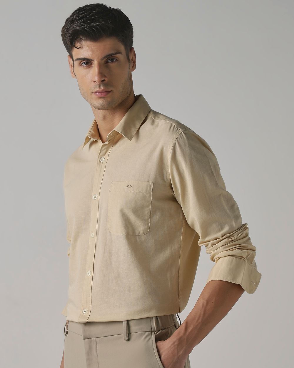 Beige Cotton Linen Plain Slim Fit Casual Shirt