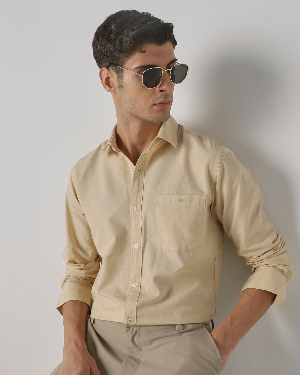 Beige Cotton Linen Plain Slim Fit Casual Shirt