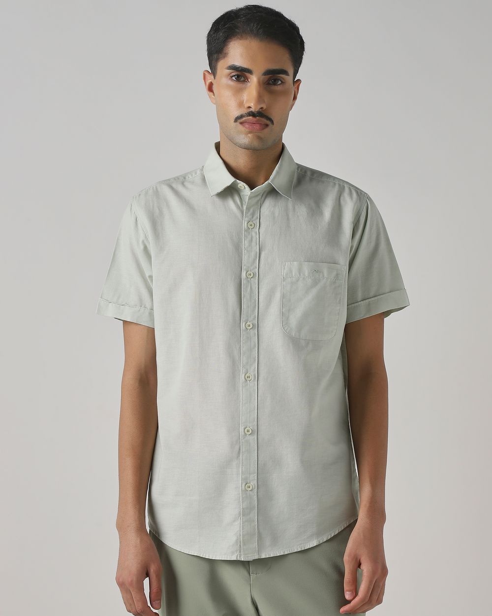Light Green Cotton Linen Plain Slim Fit Casual Shirt
