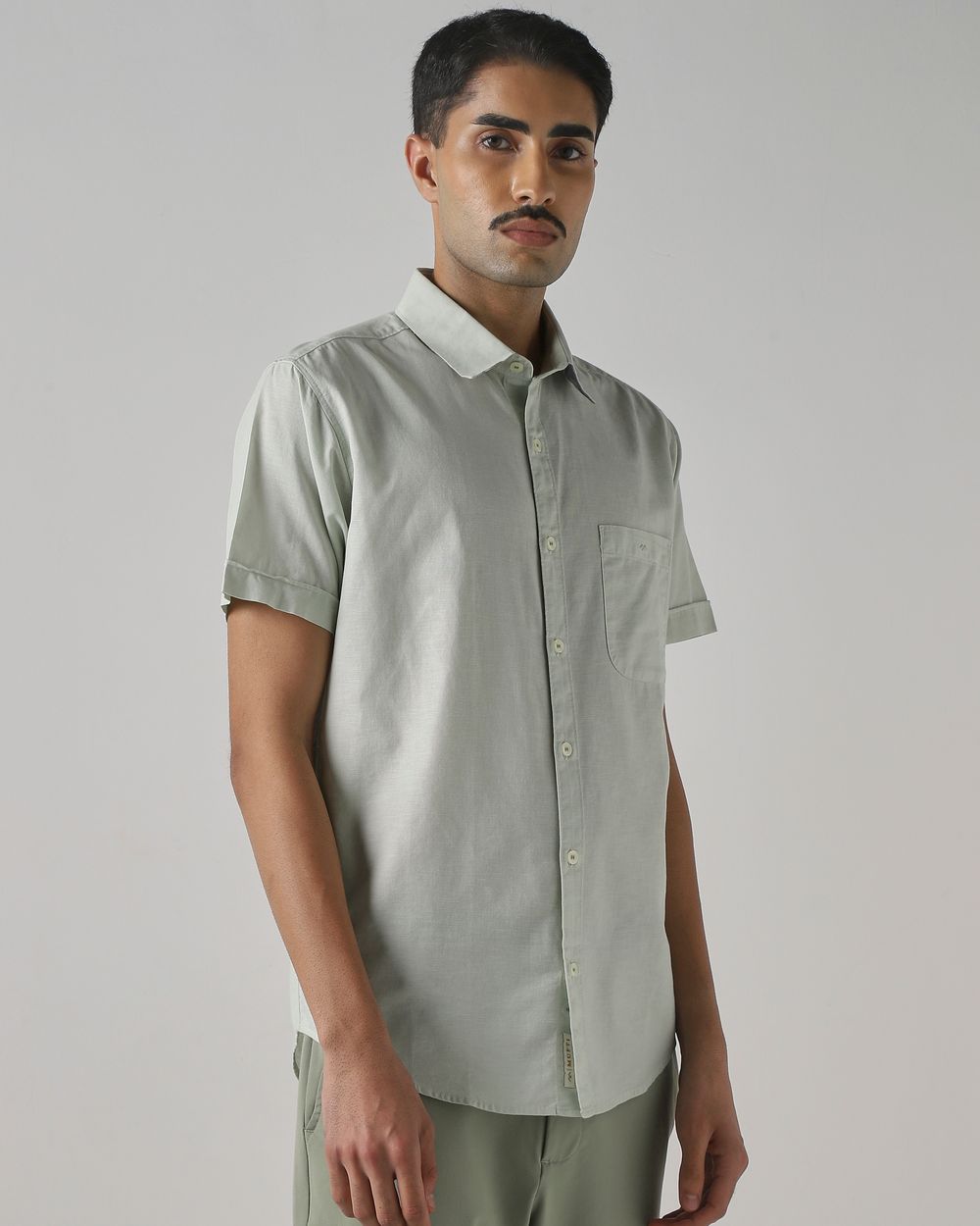 Light Green Cotton Linen Plain Slim Fit Casual Shirt