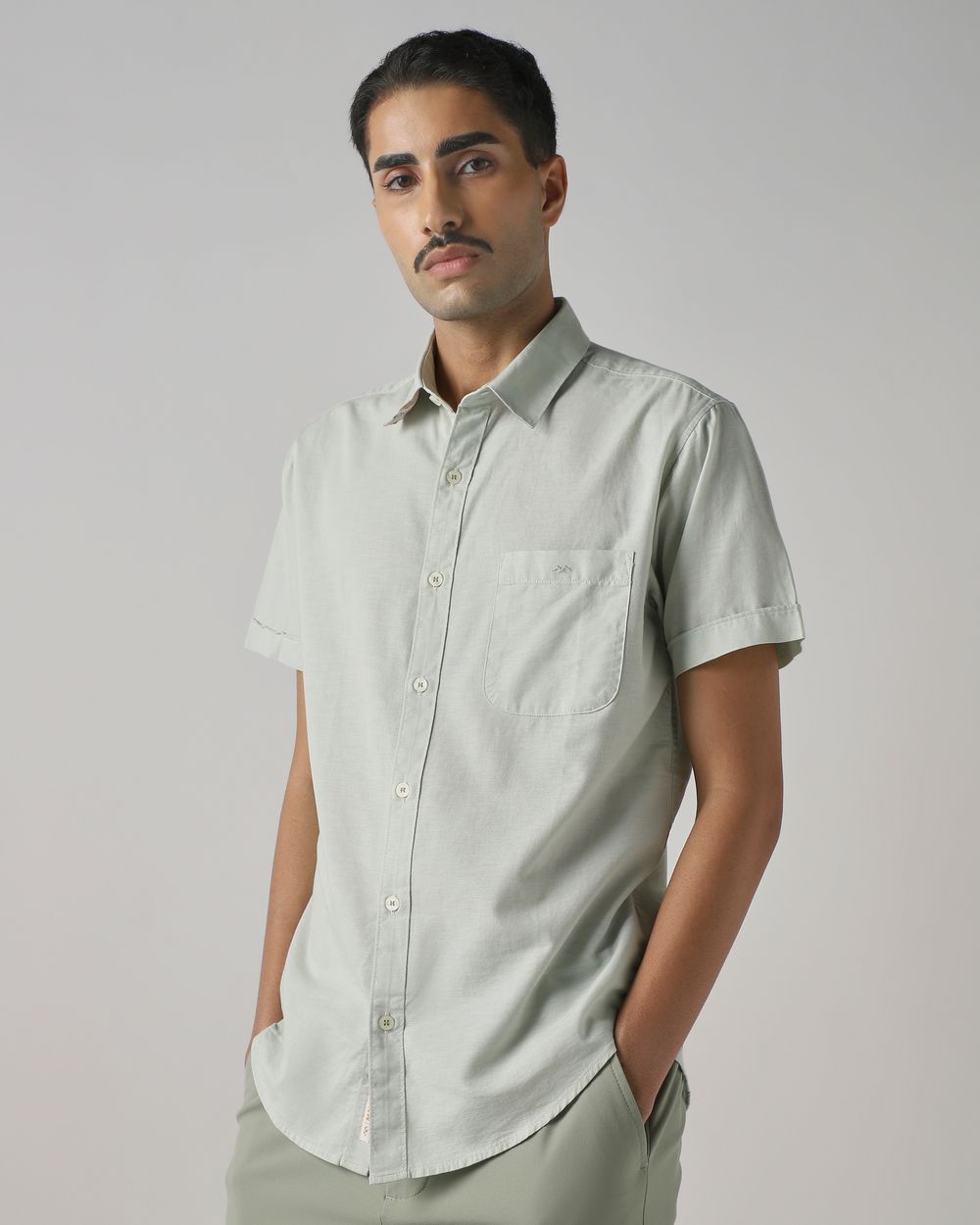 Light Green Cotton Linen Plain Slim Fit Casual Shirt