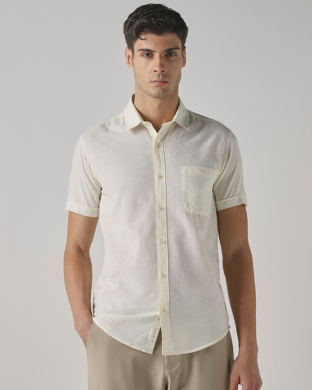 Light Yellow Cotton Linen Plain Slim Fit Casual Shirt