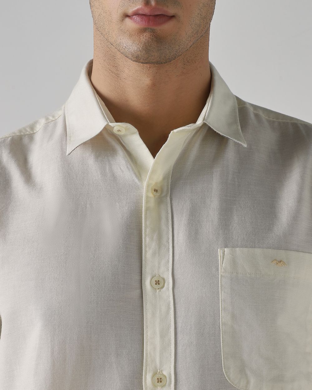 Light Yellow Cotton Linen Plain Slim Fit Casual Shirt
