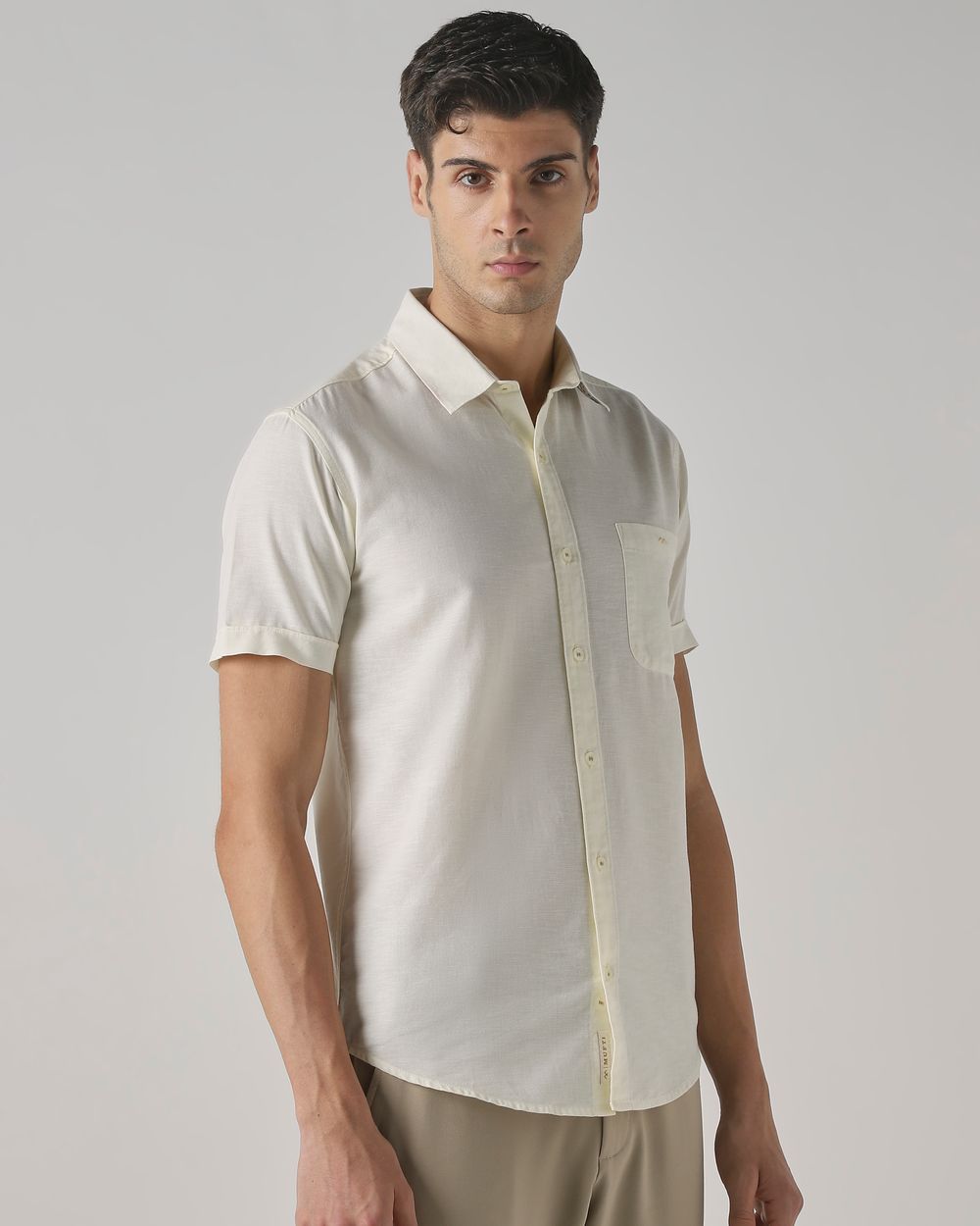 Light Yellow Cotton Linen Plain Slim Fit Casual Shirt
