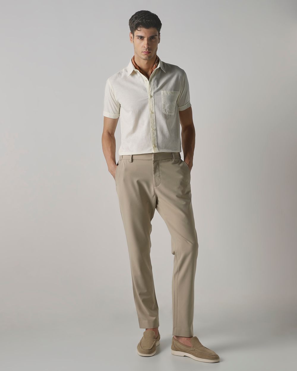Light Yellow Cotton Linen Plain Slim Fit Casual Shirt