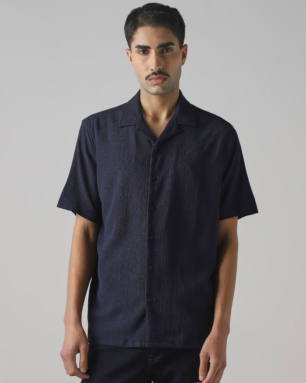 Navy Textured Plain Relaxed Fit Casual Shirt