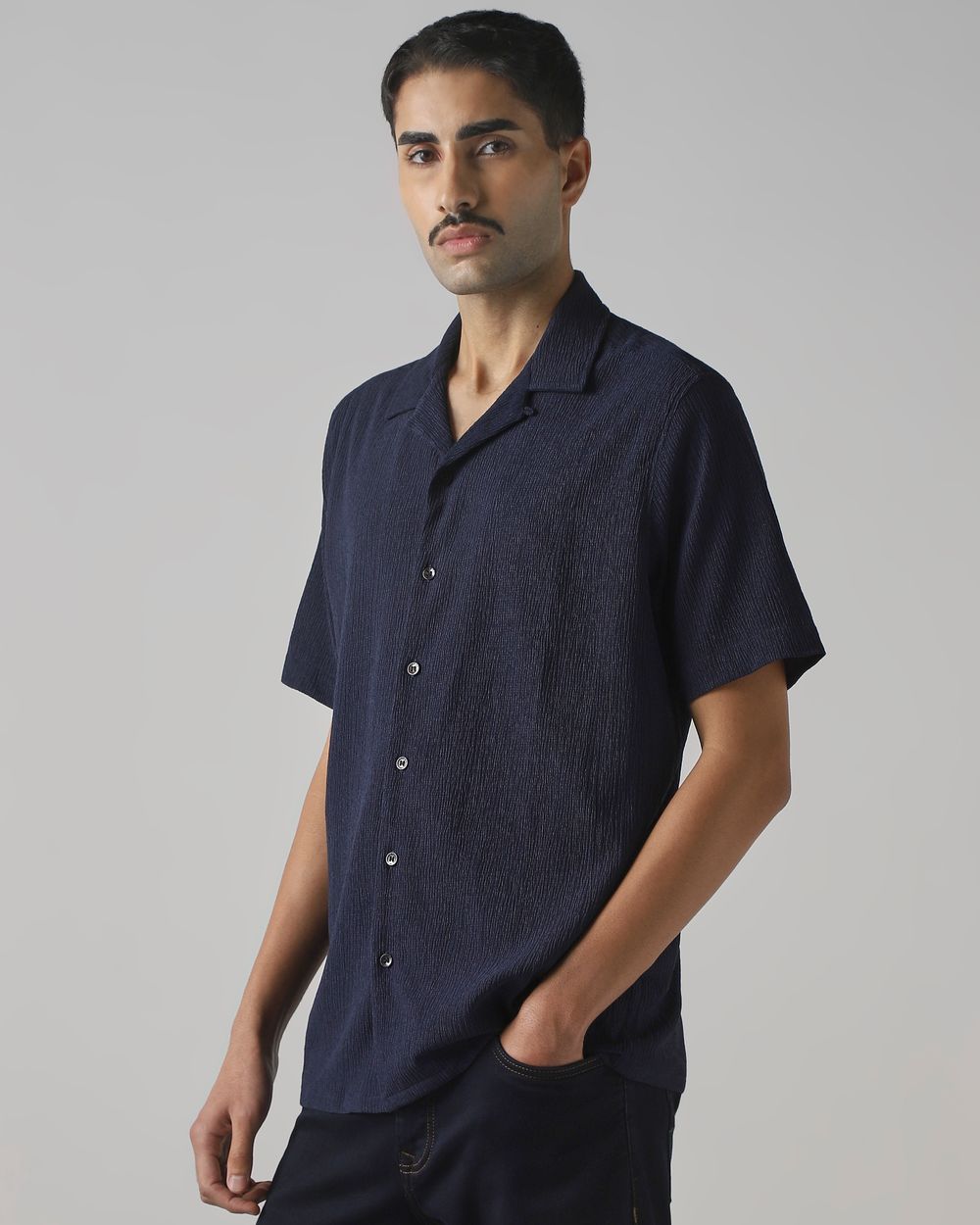 Navy Textured Plain Relaxed Fit Casual Shirt