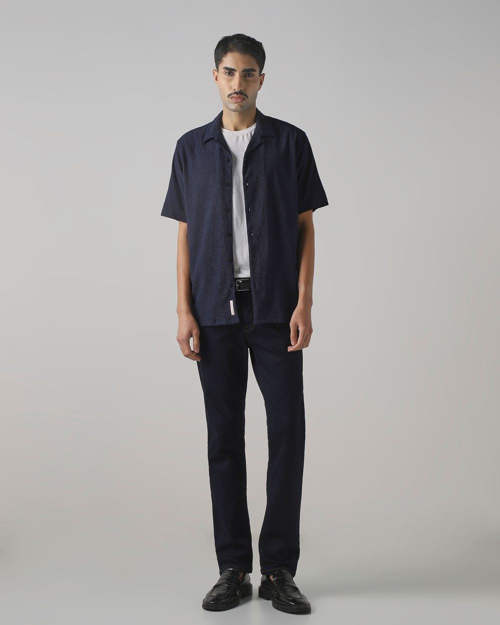 Navy Textured Plain Relaxed Fit Casual Shirt