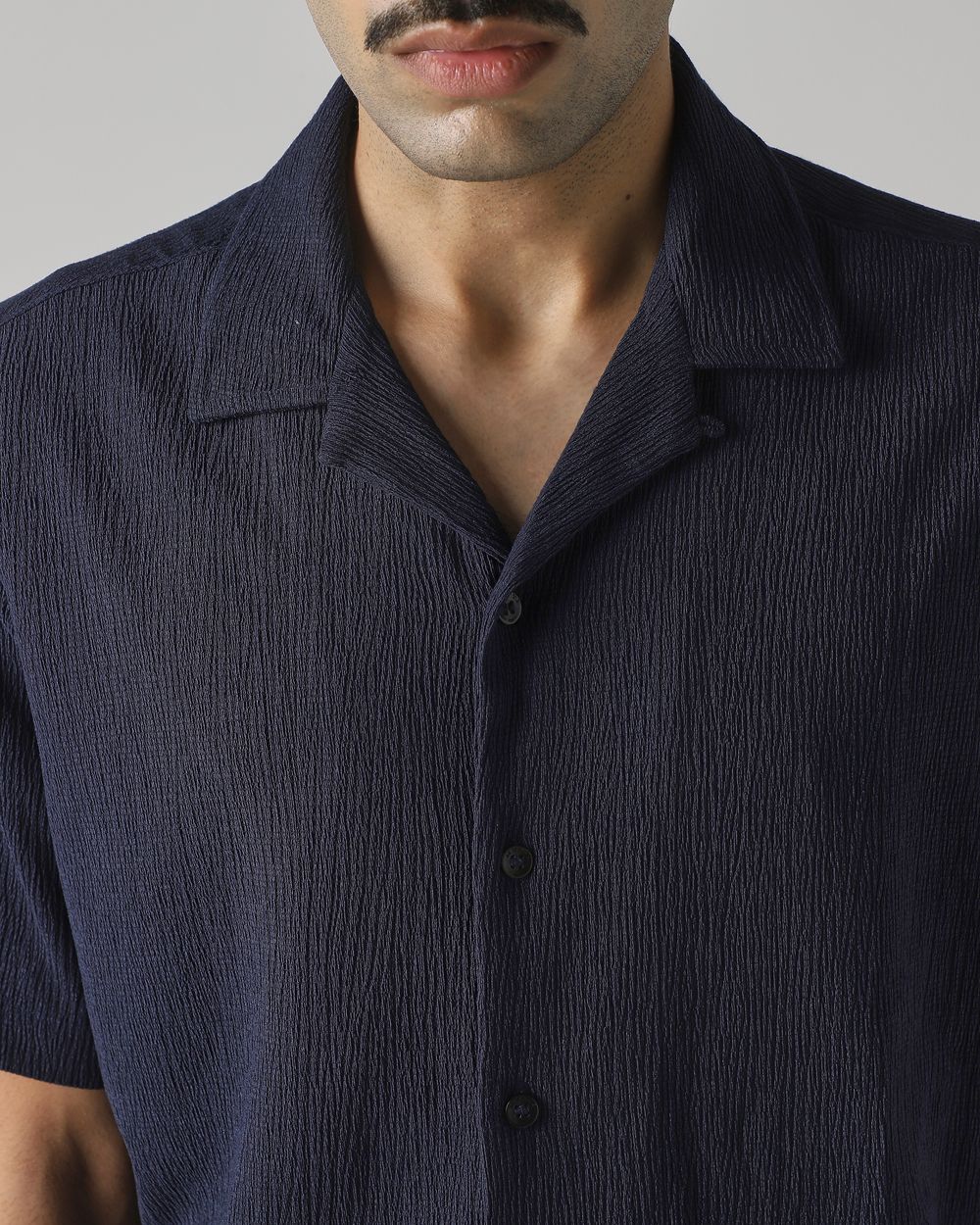 Navy Textured Plain Relaxed Fit Casual Shirt
