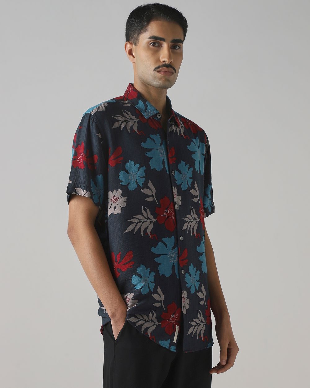 Dark Green Floral Print Slim Fit Casual Shirt