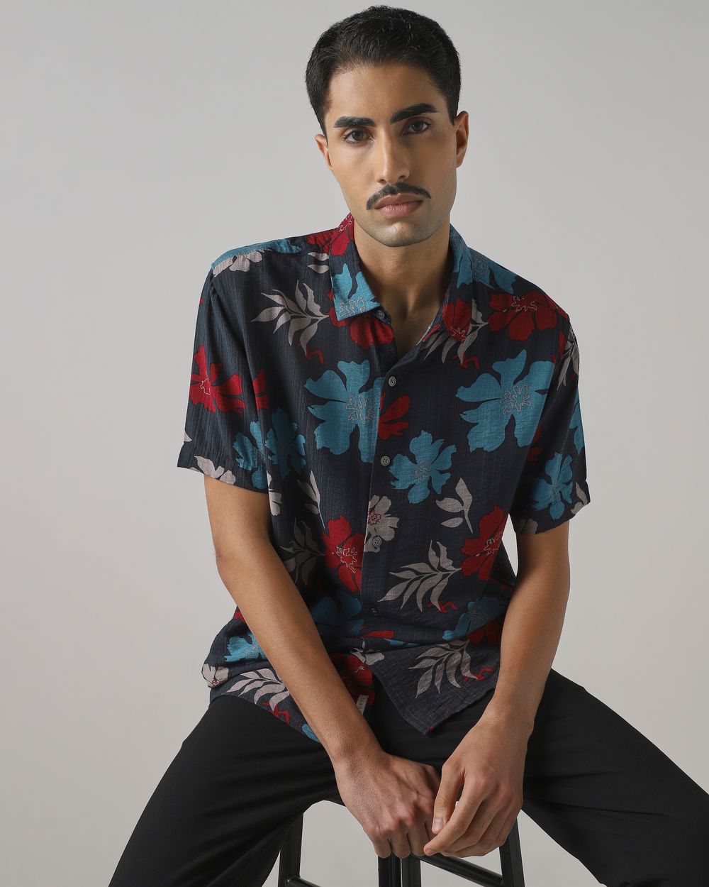 Dark Green Floral Print Slim Fit Casual Shirt
