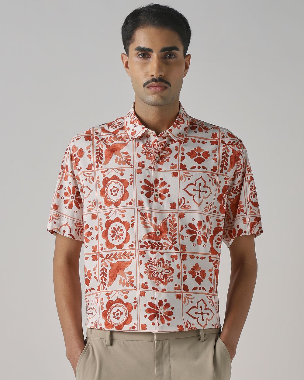 Rust Tile Print Slim Fit Casual Shirt