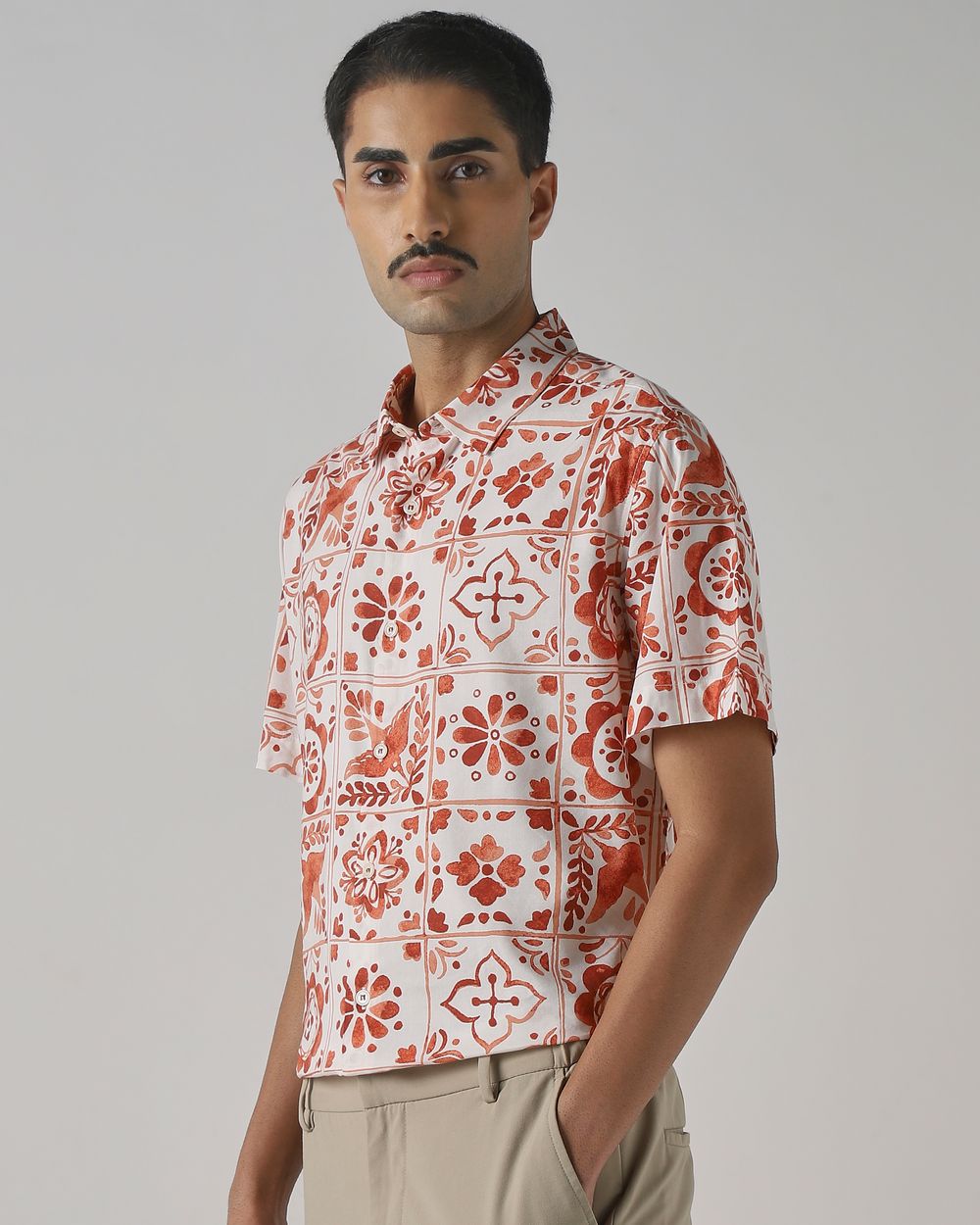 Rust Tile Print Slim Fit Casual Shirt