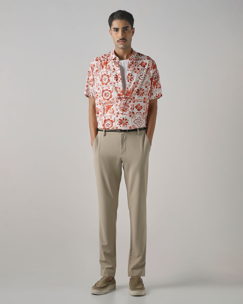 Rust Tile Print Slim Fit Casual Shirt