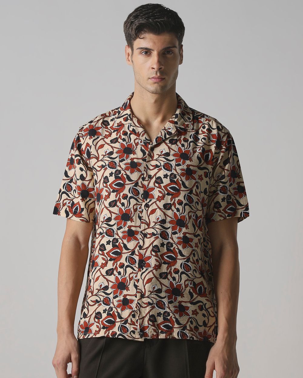 Light Khaki Floral Print Relaxed Fit Casual Shirt