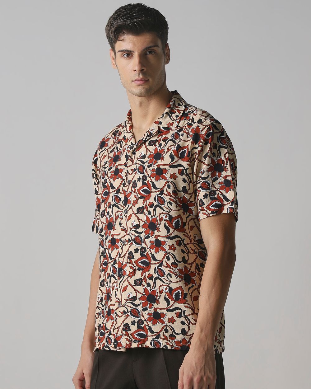 Light Khaki Floral Print Relaxed Fit Casual Shirt