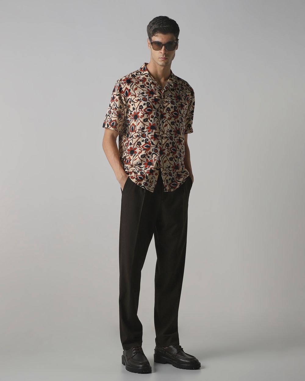 Light Khaki Floral Print Relaxed Fit Casual Shirt